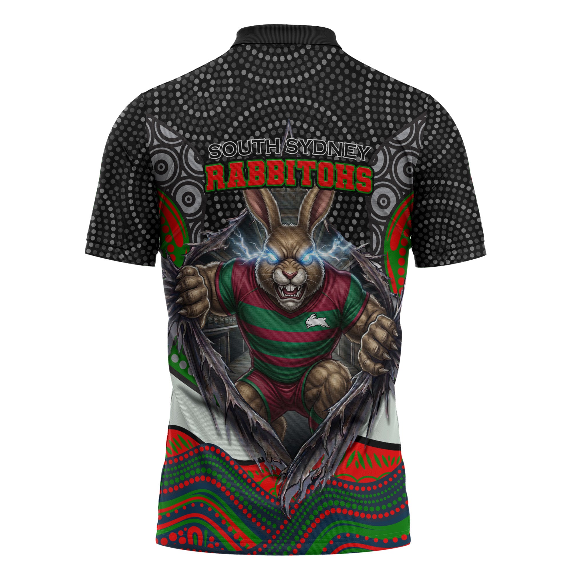 South Sydney Rabbitohs Zipper Polo Shirt The Scream of Lightning Eyes - Indigenous Dot Ripping Effect