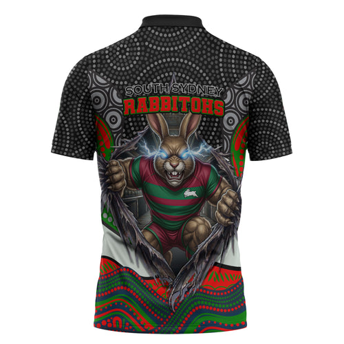 South Sydney Rabbitohs Zipper Polo Shirt The Scream of Lightning Eyes - Indigenous Dot Ripping Effect