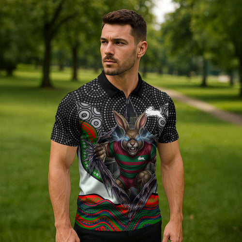 South Sydney Rabbitohs Zipper Polo Shirt The Scream of Lightning Eyes - Indigenous Dot Ripping Effect