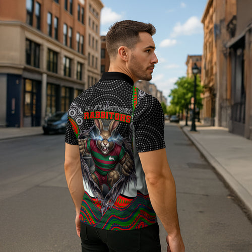 South Sydney Rabbitohs Zipper Polo Shirt The Scream of Lightning Eyes - Indigenous Dot Ripping Effect