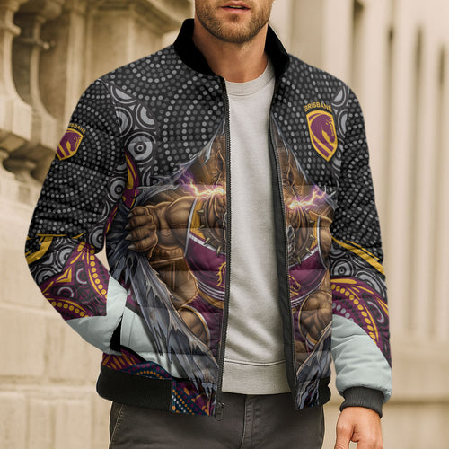 Brisbane Broncos Bomber Puffer Jacket The Scream of Lightning Eyes - Indigenous Dot Ripping Effect