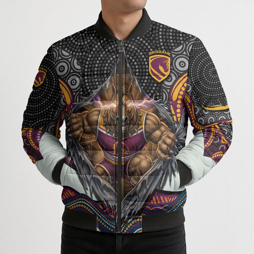 Brisbane Broncos Bomber Puffer Jacket The Scream of Lightning Eyes - Indigenous Dot Ripping Effect