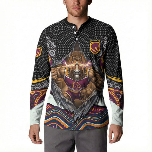 Brisbane Broncos Button Sweatshirt The Scream of Lightning Eyes - Indigenous Dot Ripping Effect