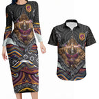 Brisbane Broncos Couples Matching Long Sleeve Bodycon Dress and Hawaiian Shirt The Scream of Lightning Eyes - Indigenous Dot Ripping Effect