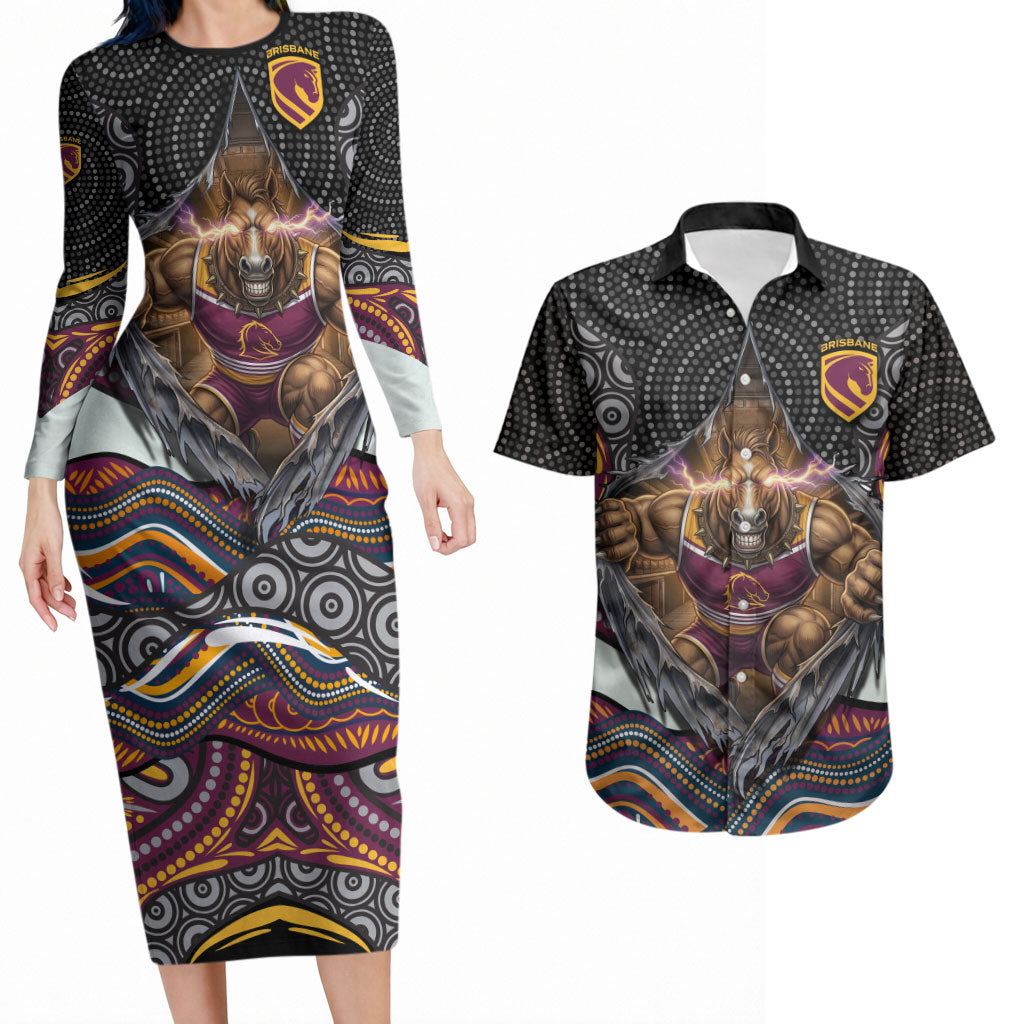 Brisbane Broncos Couples Matching Long Sleeve Bodycon Dress and Hawaiian Shirt The Scream of Lightning Eyes - Indigenous Dot Ripping Effect