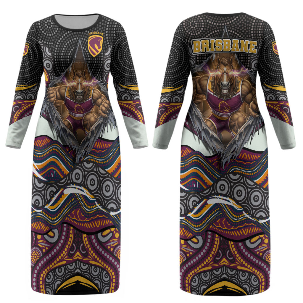 Brisbane Broncos Couples Matching Long Sleeve Bodycon Dress and Hawaiian Shirt The Scream of Lightning Eyes - Indigenous Dot Ripping Effect