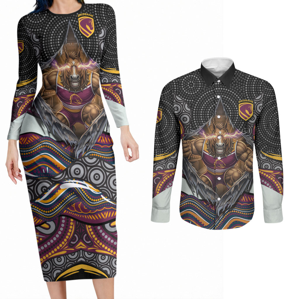 Brisbane Broncos Couples Matching Long Sleeve Bodycon Dress and Long Sleeve Button Shirt The Scream of Lightning Eyes - Indigenous Dot Ripping Effect