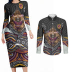 Brisbane Broncos Couples Matching Long Sleeve Bodycon Dress and Long Sleeve Button Shirt The Scream of Lightning Eyes - Indigenous Dot Ripping Effect