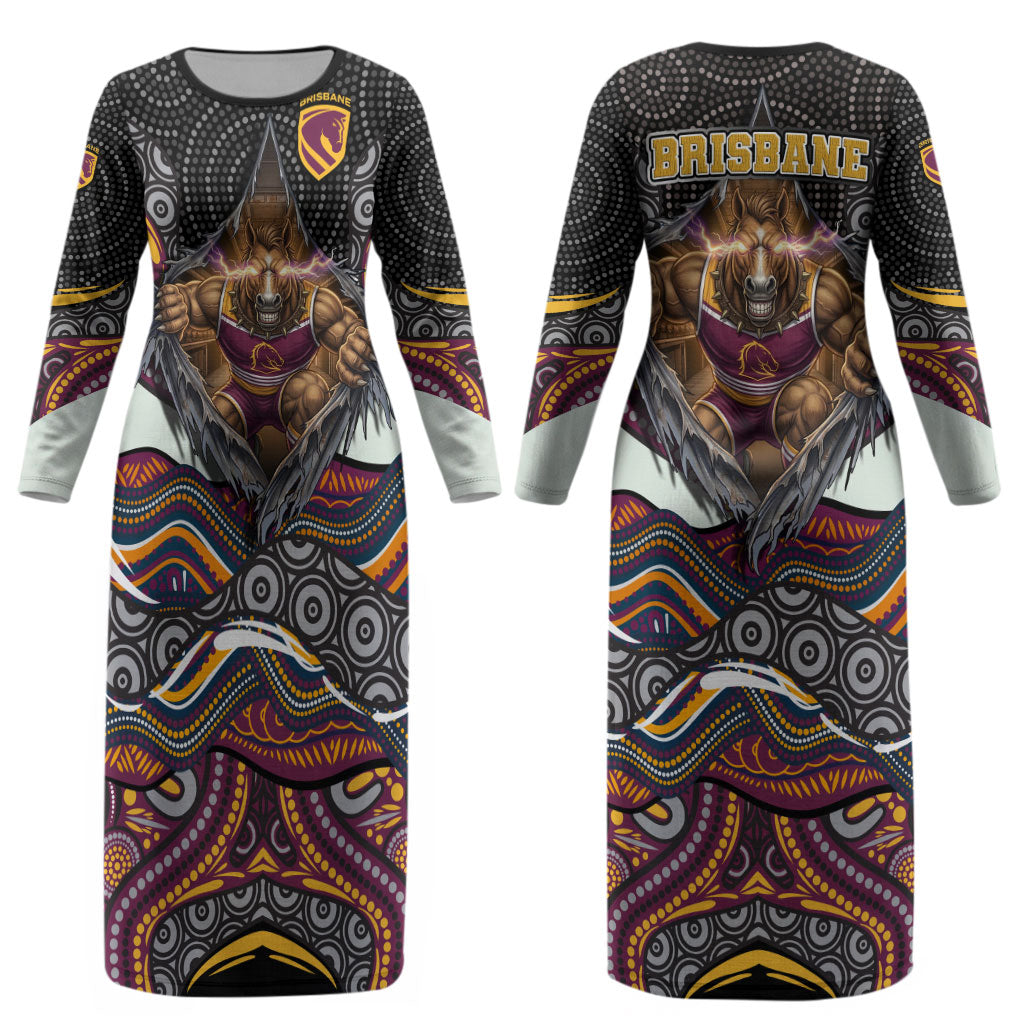Brisbane Broncos Couples Matching Long Sleeve Bodycon Dress and Long Sleeve Button Shirt The Scream of Lightning Eyes - Indigenous Dot Ripping Effect