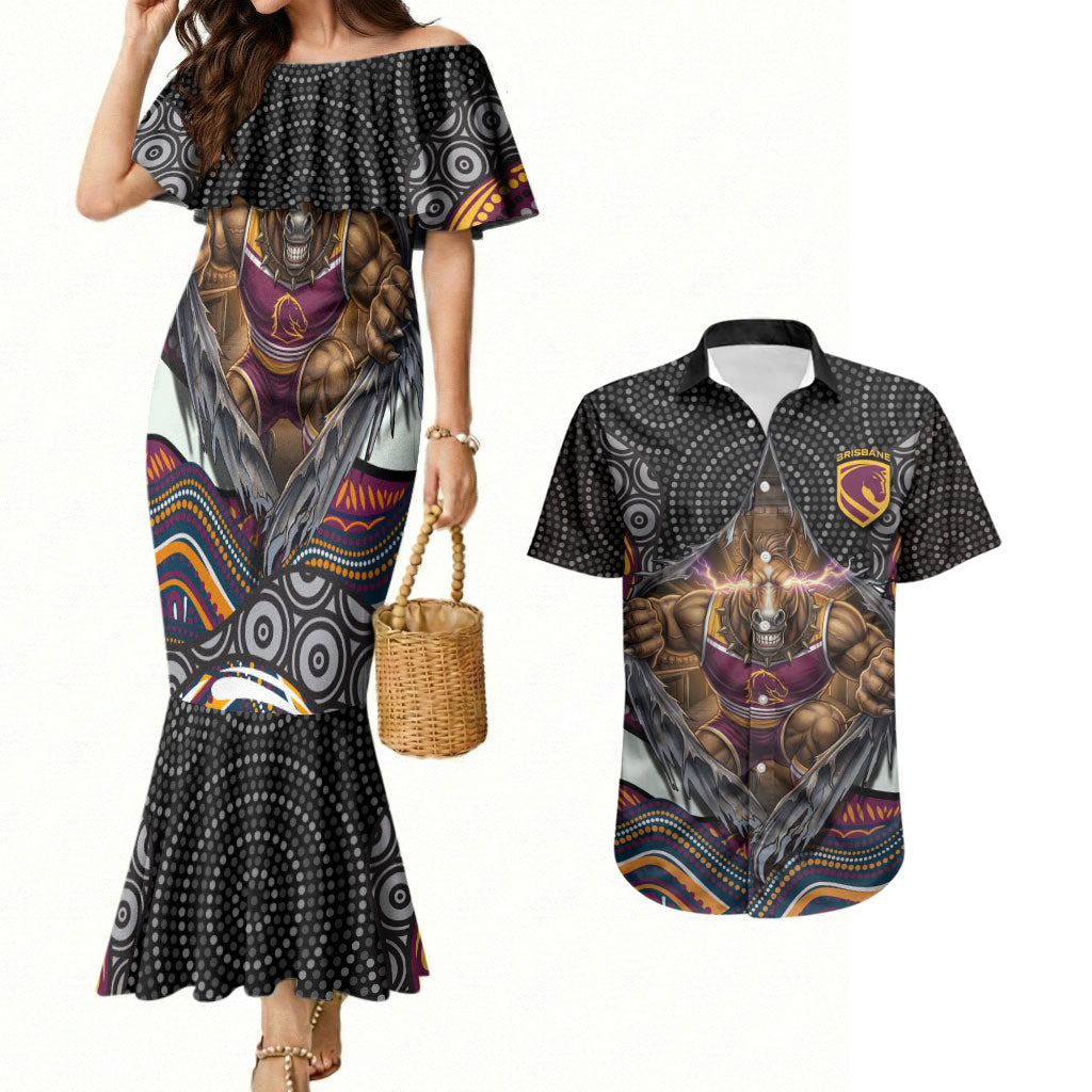 Brisbane Broncos Couples Matching Mermaid Dress and Hawaiian Shirt The Scream of Lightning Eyes - Indigenous Dot Ripping Effect