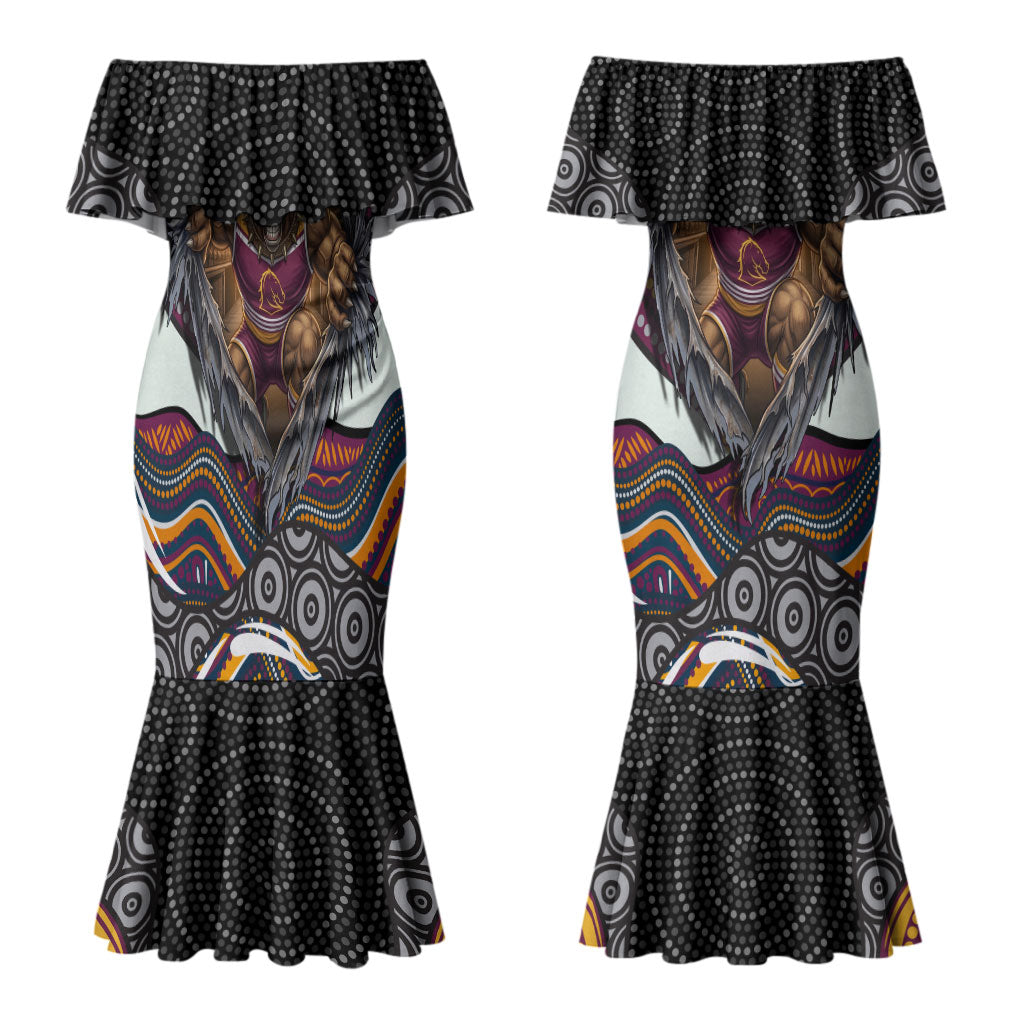 Brisbane Broncos Couples Matching Mermaid Dress and Hawaiian Shirt The Scream of Lightning Eyes - Indigenous Dot Ripping Effect