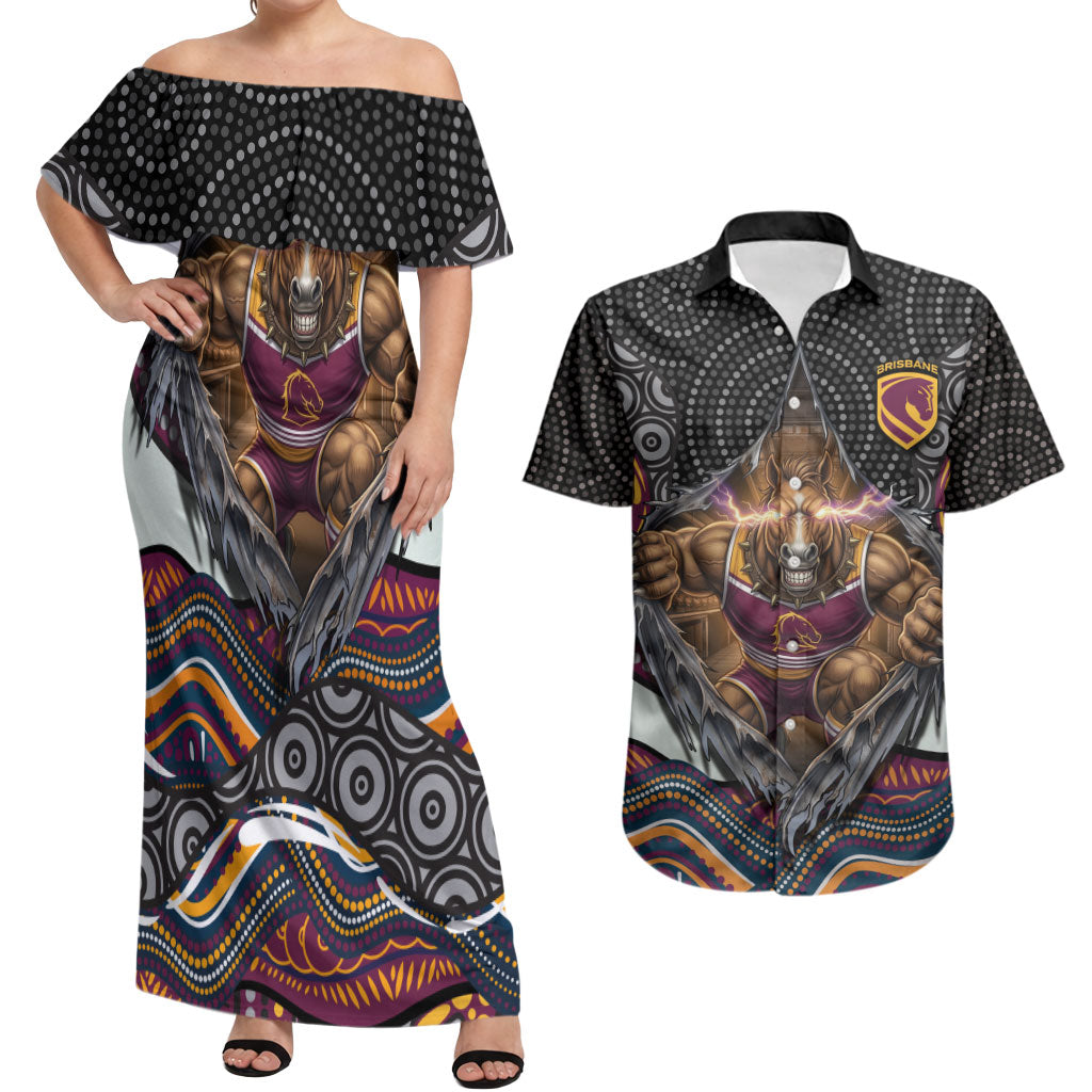 Brisbane Broncos Couples Matching Off Shoulder Maxi Dress and Hawaiian Shirt The Scream of Lightning Eyes - Indigenous Dot Ripping Effect
