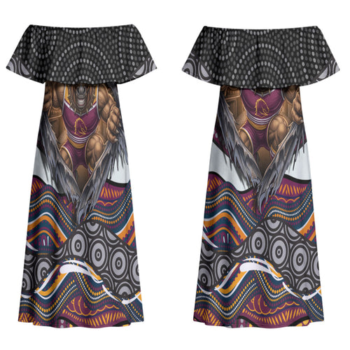 Brisbane Broncos Couples Matching Off Shoulder Maxi Dress and Hawaiian Shirt The Scream of Lightning Eyes - Indigenous Dot Ripping Effect