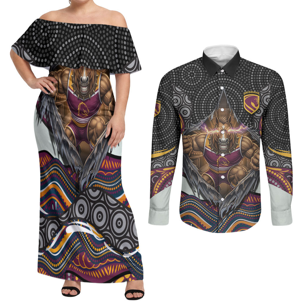 Brisbane Broncos Couples Matching Off Shoulder Maxi Dress and Long Sleeve Button Shirt The Scream of Lightning Eyes - Indigenous Dot Ripping Effect