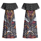 Brisbane Broncos Couples Matching Off Shoulder Maxi Dress and Long Sleeve Button Shirt The Scream of Lightning Eyes - Indigenous Dot Ripping Effect