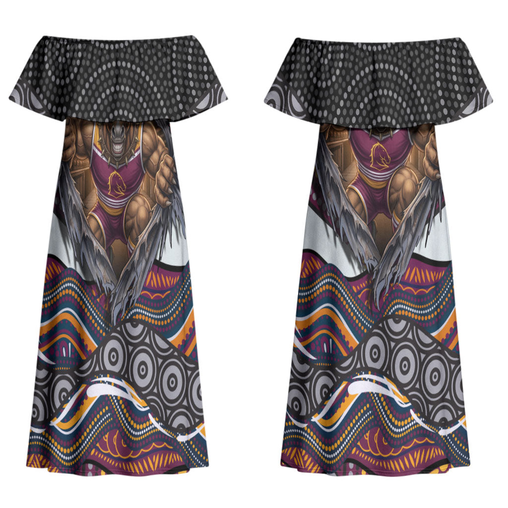 Brisbane Broncos Couples Matching Off Shoulder Maxi Dress and Long Sleeve Button Shirt The Scream of Lightning Eyes - Indigenous Dot Ripping Effect
