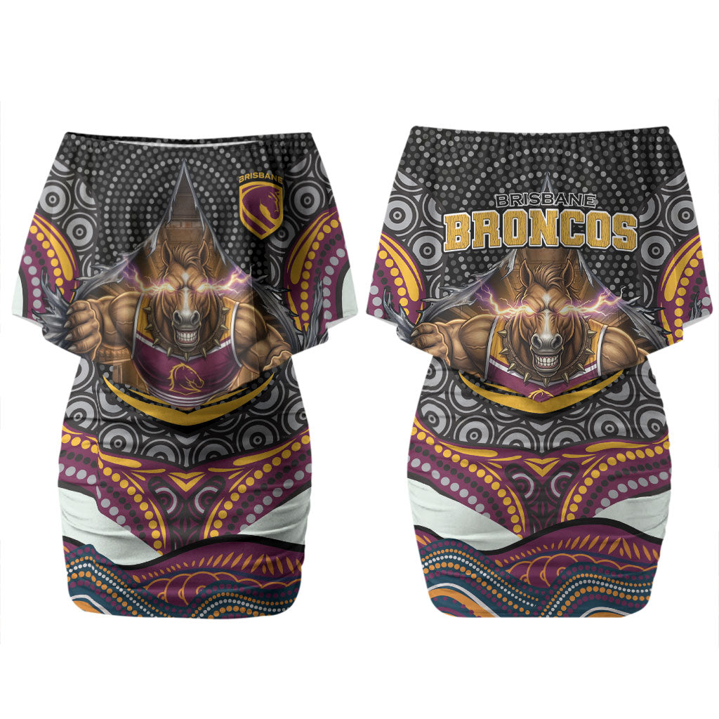 Brisbane Broncos Couples Matching Off Shoulder Short Dress and Hawaiian Shirt The Scream of Lightning Eyes - Indigenous Dot Ripping Effect