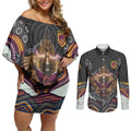 Brisbane Broncos Couples Matching Off Shoulder Short Dress and Long Sleeve Button Shirt The Scream of Lightning Eyes - Indigenous Dot Ripping Effect
