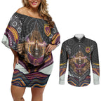 Brisbane Broncos Couples Matching Off Shoulder Short Dress and Long Sleeve Button Shirt The Scream of Lightning Eyes - Indigenous Dot Ripping Effect