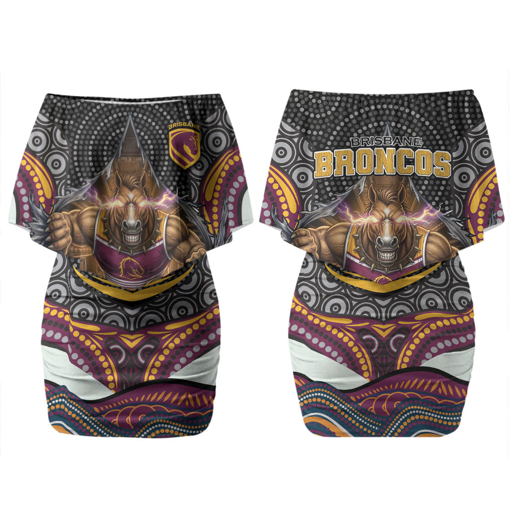 Brisbane Broncos Couples Matching Off Shoulder Short Dress and Long Sleeve Button Shirt The Scream of Lightning Eyes - Indigenous Dot Ripping Effect