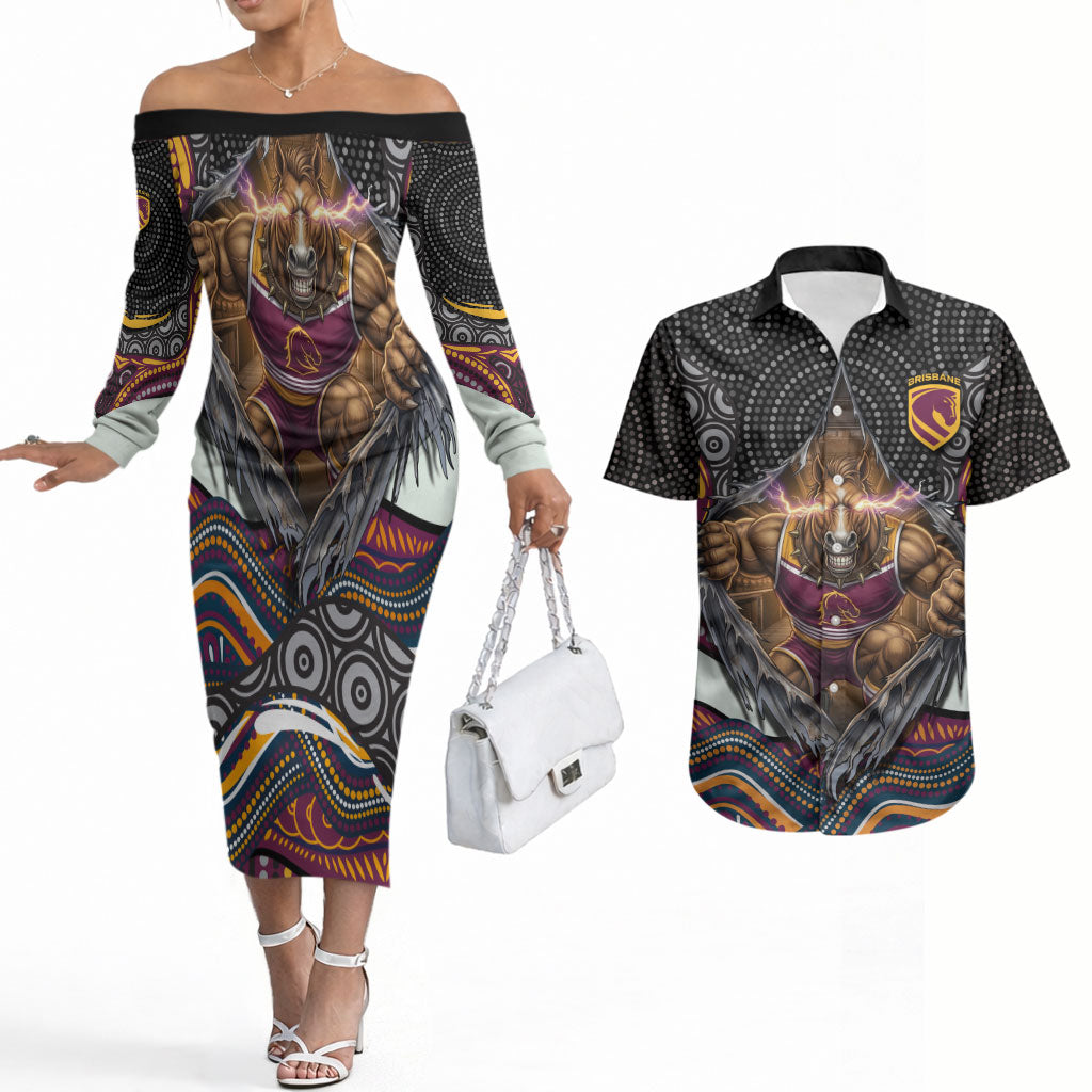 Brisbane Broncos Couples Matching Off The Shoulder Long Sleeve Dress and Hawaiian Shirt The Scream of Lightning Eyes - Indigenous Dot Ripping Effect