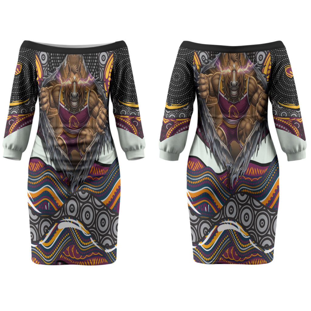 Brisbane Broncos Couples Matching Off The Shoulder Long Sleeve Dress and Hawaiian Shirt The Scream of Lightning Eyes - Indigenous Dot Ripping Effect