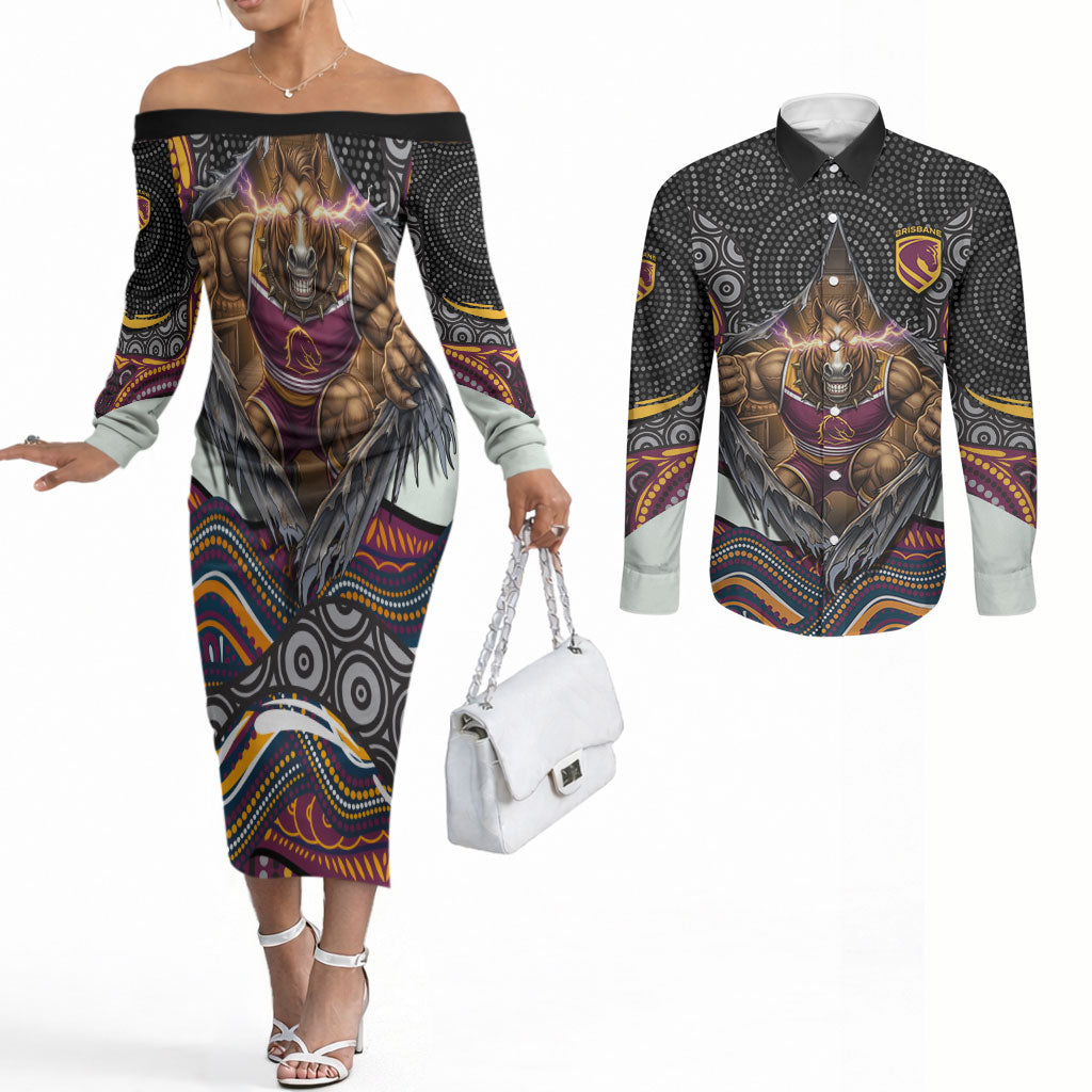Brisbane Broncos Couples Matching Off The Shoulder Long Sleeve Dress and Long Sleeve Button Shirt The Scream of Lightning Eyes - Indigenous Dot Ripping Effect