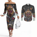 Brisbane Broncos Couples Matching Off The Shoulder Long Sleeve Dress and Long Sleeve Button Shirt The Scream of Lightning Eyes - Indigenous Dot Ripping Effect