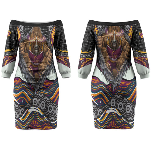 Brisbane Broncos Couples Matching Off The Shoulder Long Sleeve Dress and Long Sleeve Button Shirt The Scream of Lightning Eyes - Indigenous Dot Ripping Effect