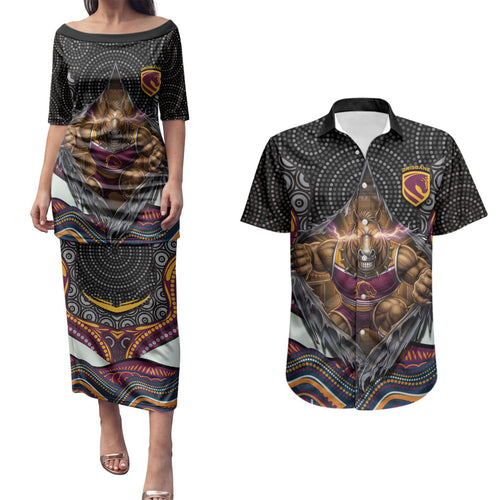Brisbane Broncos Couples Matching Puletasi and Hawaiian Shirt The Scream of Lightning Eyes - Indigenous Dot Ripping Effect
