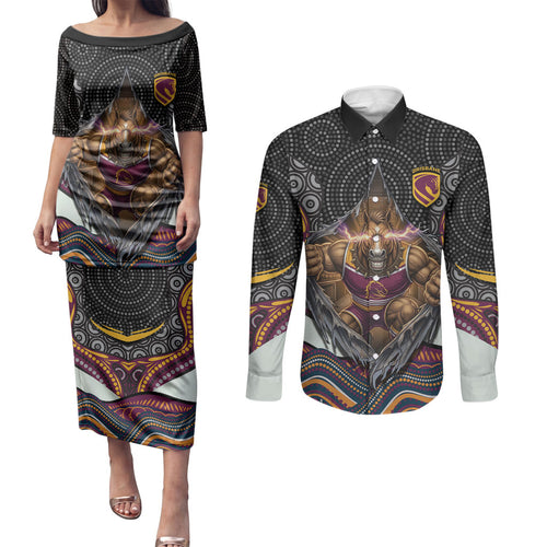 Brisbane Broncos Couples Matching Puletasi and Long Sleeve Button Shirt The Scream of Lightning Eyes - Indigenous Dot Ripping Effect
