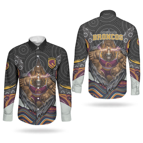 Brisbane Broncos Couples Matching Puletasi and Long Sleeve Button Shirt The Scream of Lightning Eyes - Indigenous Dot Ripping Effect