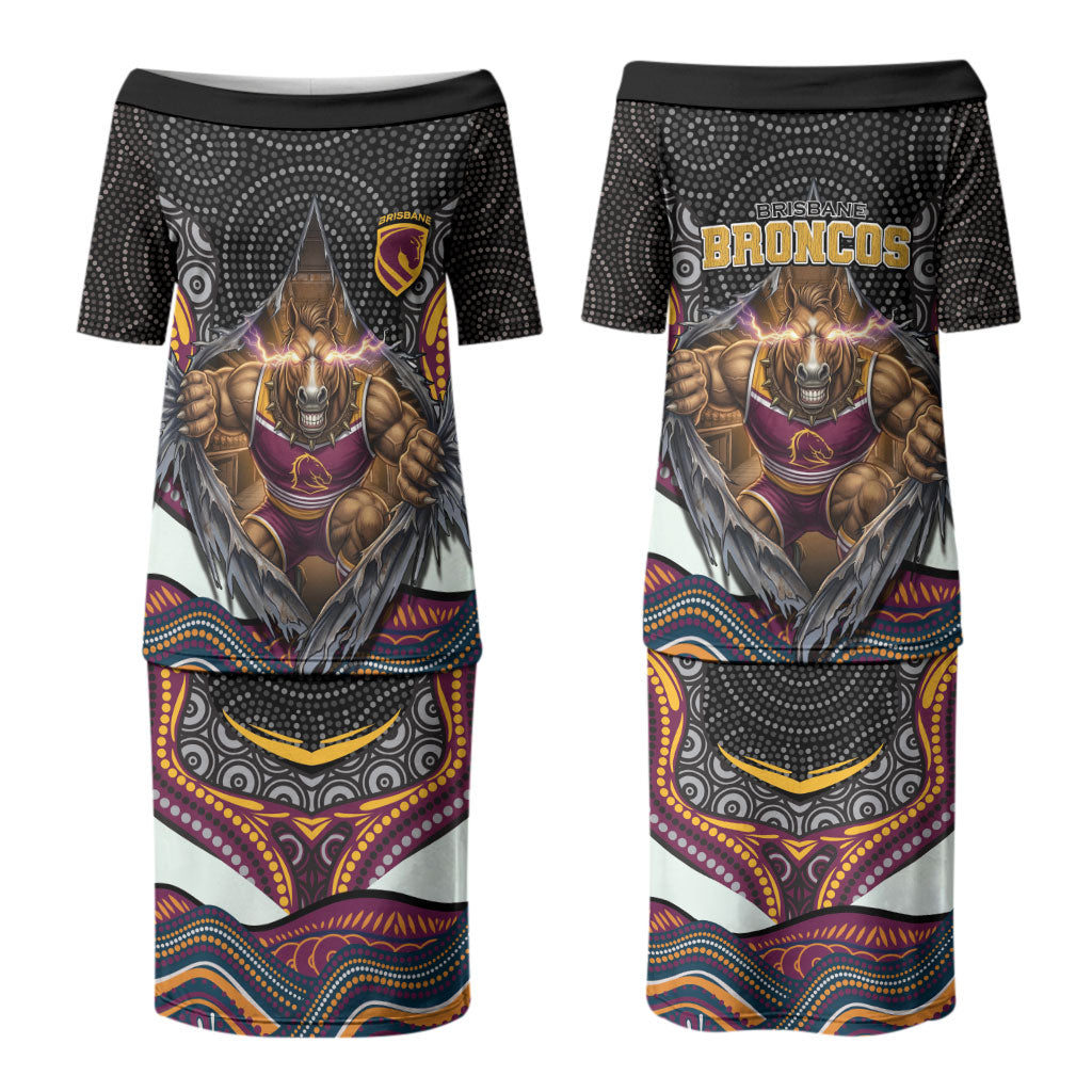 Brisbane Broncos Couples Matching Puletasi and Long Sleeve Button Shirt The Scream of Lightning Eyes - Indigenous Dot Ripping Effect