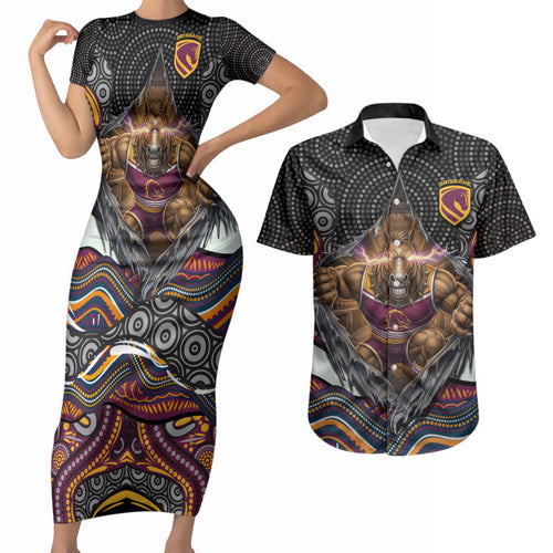 Brisbane Broncos Couples Matching Short Sleeve Bodycon Dress and Hawaiian Shirt The Scream of Lightning Eyes - Indigenous Dot Ripping Effect