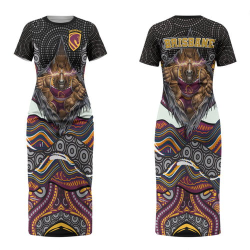 Brisbane Broncos Couples Matching Short Sleeve Bodycon Dress and Hawaiian Shirt The Scream of Lightning Eyes - Indigenous Dot Ripping Effect