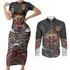 Brisbane Broncos Couples Matching Short Sleeve Bodycon Dress and Long Sleeve Button Shirt The Scream of Lightning Eyes - Indigenous Dot Ripping Effect