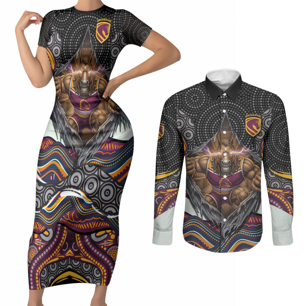 Brisbane Broncos Couples Matching Short Sleeve Bodycon Dress and Long Sleeve Button Shirt The Scream of Lightning Eyes - Indigenous Dot Ripping Effect