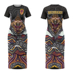 Brisbane Broncos Couples Matching Short Sleeve Bodycon Dress and Long Sleeve Button Shirt The Scream of Lightning Eyes - Indigenous Dot Ripping Effect
