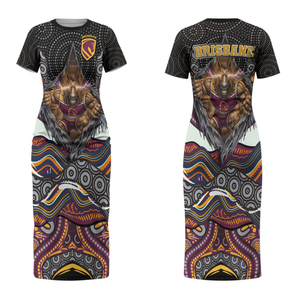 Brisbane Broncos Couples Matching Short Sleeve Bodycon Dress and Long Sleeve Button Shirt The Scream of Lightning Eyes - Indigenous Dot Ripping Effect