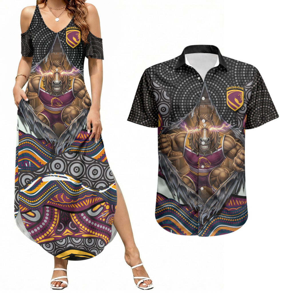 Brisbane Broncos Couples Matching Summer Maxi Dress and Hawaiian Shirt The Scream of Lightning Eyes - Indigenous Dot Ripping Effect
