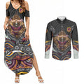 Brisbane Broncos Couples Matching Summer Maxi Dress and Long Sleeve Button Shirt The Scream of Lightning Eyes - Indigenous Dot Ripping Effect