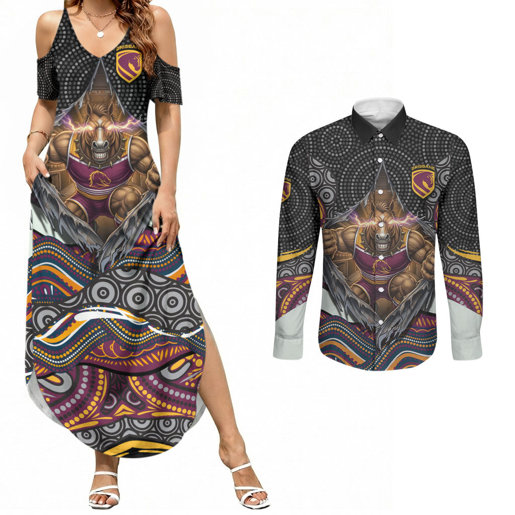 Brisbane Broncos Couples Matching Summer Maxi Dress and Long Sleeve Button Shirt The Scream of Lightning Eyes - Indigenous Dot Ripping Effect