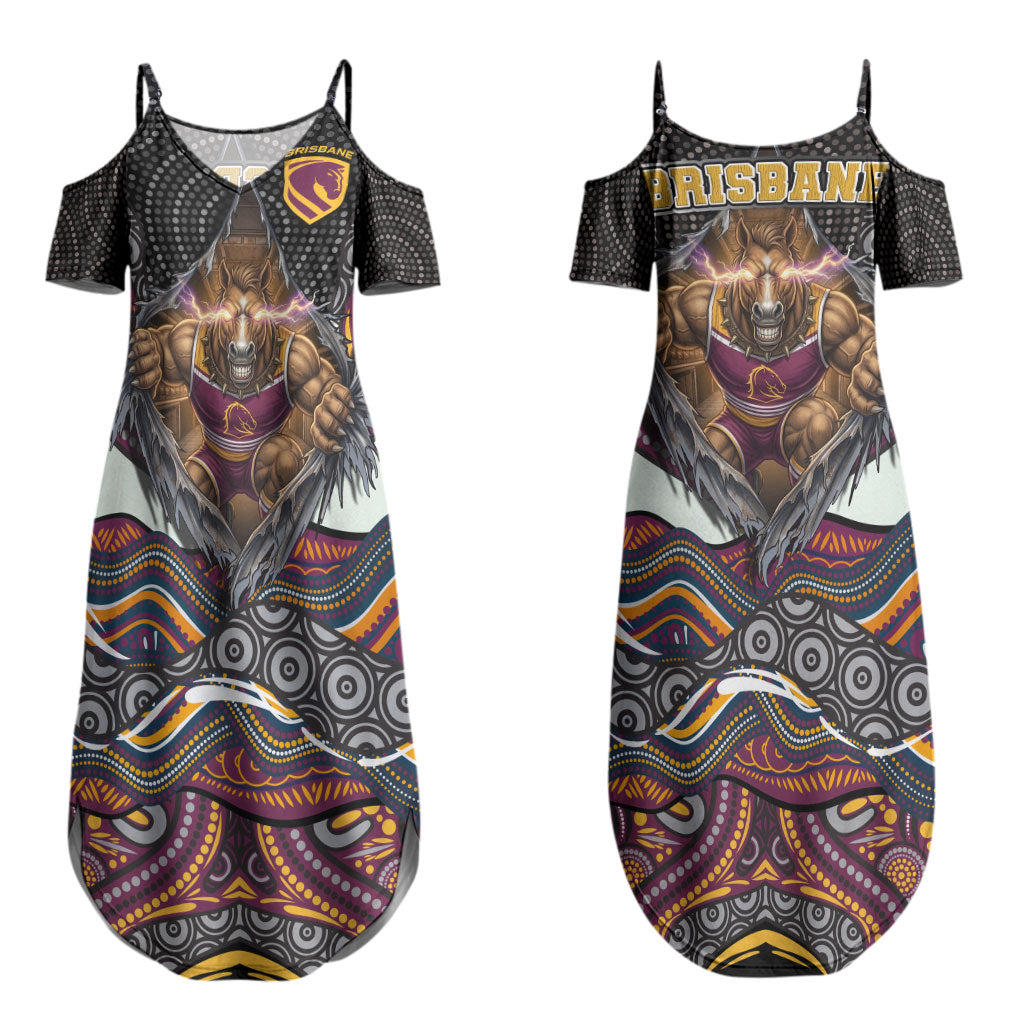 Brisbane Broncos Couples Matching Summer Maxi Dress and Long Sleeve Button Shirt The Scream of Lightning Eyes - Indigenous Dot Ripping Effect
