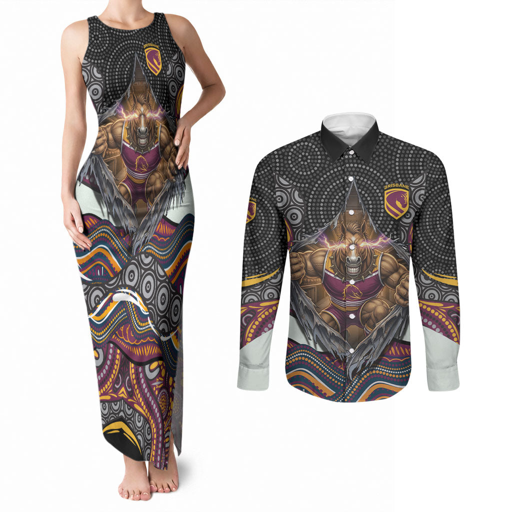 Brisbane Broncos Couples Matching Tank Maxi Dress and Long Sleeve Button Shirt The Scream of Lightning Eyes - Indigenous Dot Ripping Effect