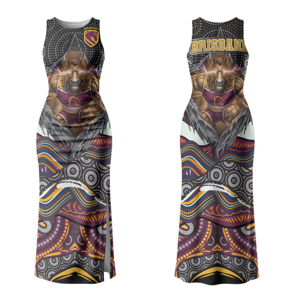 Brisbane Broncos Couples Matching Tank Maxi Dress and Long Sleeve Button Shirt The Scream of Lightning Eyes - Indigenous Dot Ripping Effect
