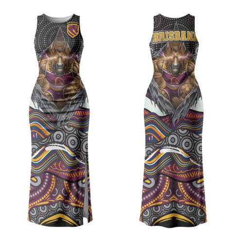 Brisbane Broncos Couples Matching Tank Maxi Dress and Long Sleeve Button Shirt The Scream of Lightning Eyes - Indigenous Dot Ripping Effect