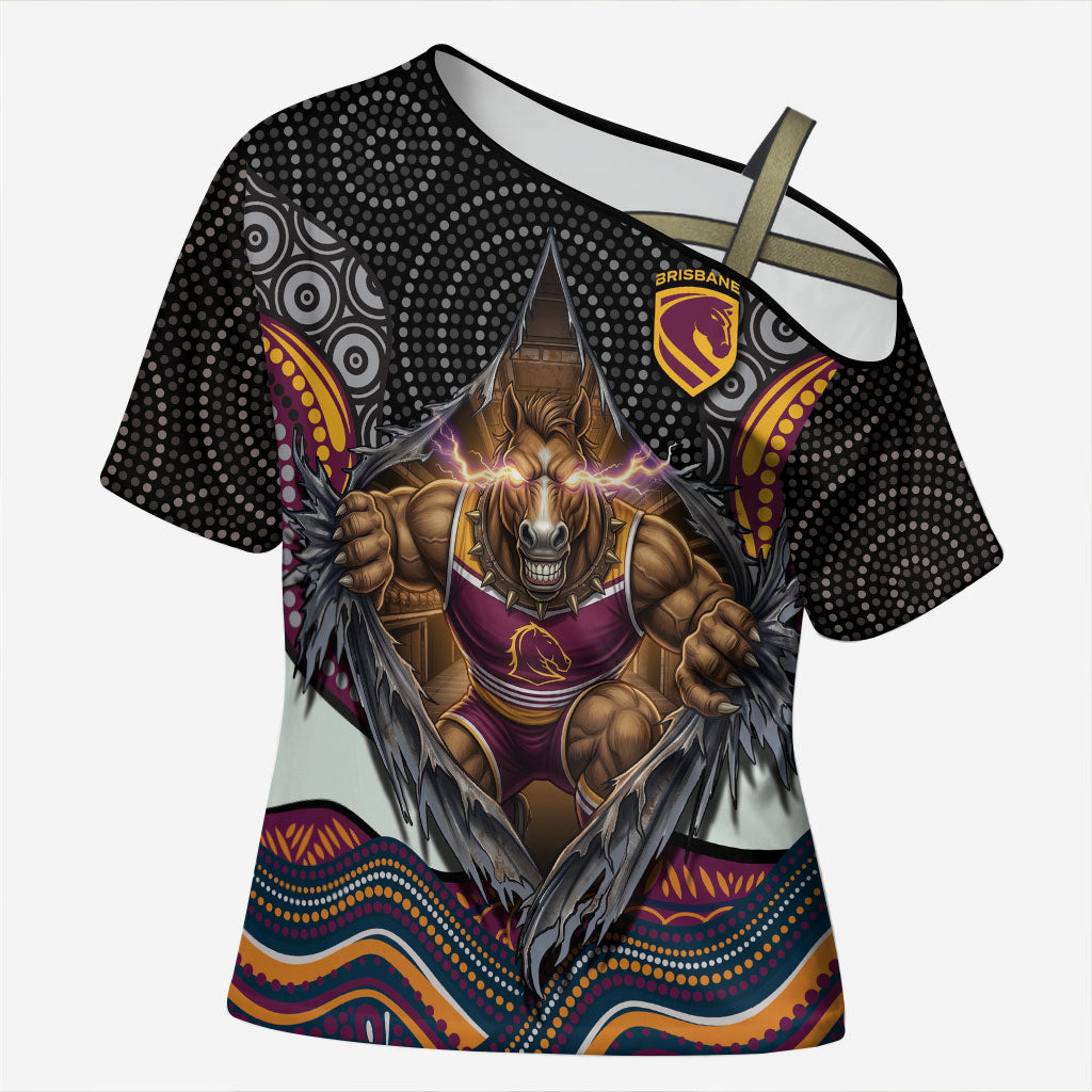 Brisbane Broncos Cross Shoulder Shirt The Scream of Lightning Eyes - Indigenous Dot Ripping Effect