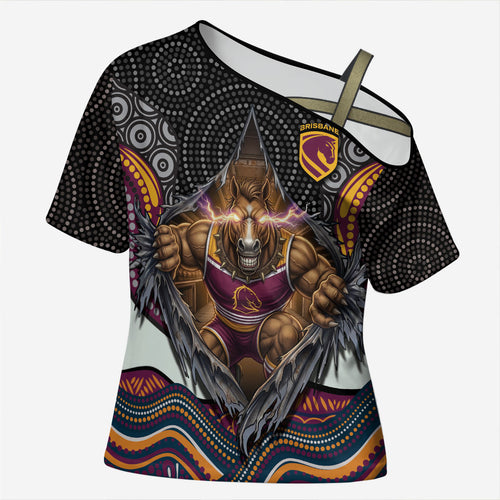 Brisbane Broncos Cross Shoulder Shirt The Scream of Lightning Eyes - Indigenous Dot Ripping Effect