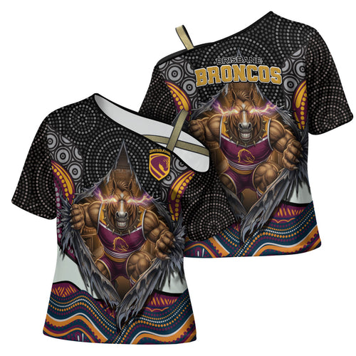 Brisbane Broncos Cross Shoulder Shirt The Scream of Lightning Eyes - Indigenous Dot Ripping Effect
