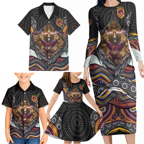 Brisbane Broncos Family Matching Long Sleeve Bodycon Dress and Hawaiian Shirt The Scream of Lightning Eyes - Indigenous Dot Ripping Effect